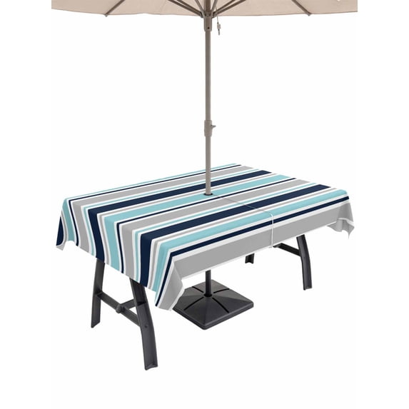 Outdoor Tablecloth with Umbrella Hole for Patio/Picnic/Party/Camping, Grey Blue Striped Waterproof Table Cloth Rectangle Table Cover Washable, Farmhouse Stripes Abstract Art Navy Blue (60"x 84")