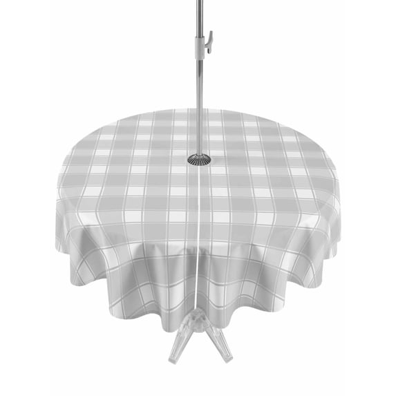 Outdoor Tablecloth with Umbrella Hole for Patio/Picnic/Party/Camping, Grey Checkered Waterproof Table Cloth Round Cover Washable, Farmhouse Plaid Buffalo Elegant (Dia 54")