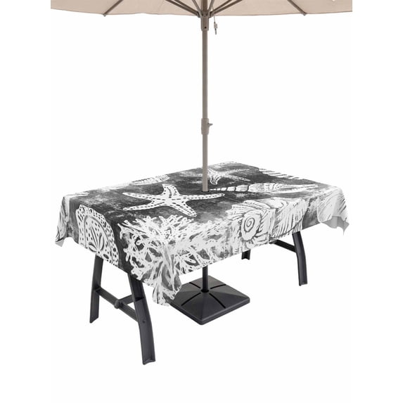 Outdoor Tablecloth with Umbrella Hole for Patio/Picnic/Party/Camping, Grey Coastal Waterproof Table Cloth Rectangle Table Cover Washable, Modern Oil Painting Starfish Coral Shell (60"x 102")