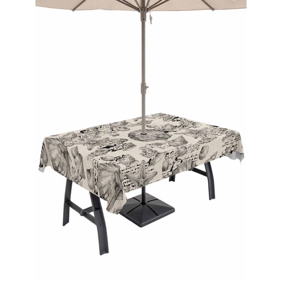Outdoor Tablecloth with Umbrella Hole for Patio/Picnic/Party/Camping, Grey Coastal Waterproof Table Cloth Rectangle Table Cover Washable, Summer Conch Starfish Scallops Vintage Nautical (60"x 102")