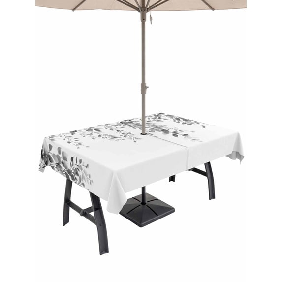 Outdoor Tablecloth with Umbrella Hole for Patio/Picnic/Party/Camping, Grey Eucalyptus Waterproof Table Cloth Rectangle Table Cover Washable, Weeping Botanical Leaf Watercolor (54"x 80")