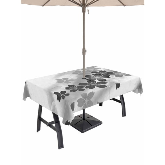 Outdoor Tablecloth with Umbrella Hole for Patio/Picnic/Party/Camping, Grey Floral Waterproof Table Cloth Rectangle Table Cover Washable, Modern Abstract Art Flowers Aesthetic (60"x 84")