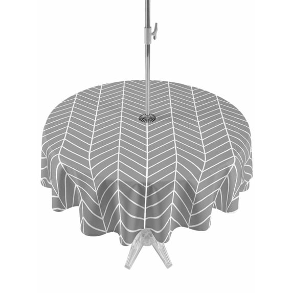 Outdoor Tablecloth with Umbrella Hole for Patio/Picnic/Party/Camping, Grey Geometric Waterproof Table Cloth Round Cover Washable, Modern Pure Color Abstract Striped (Dia 54")