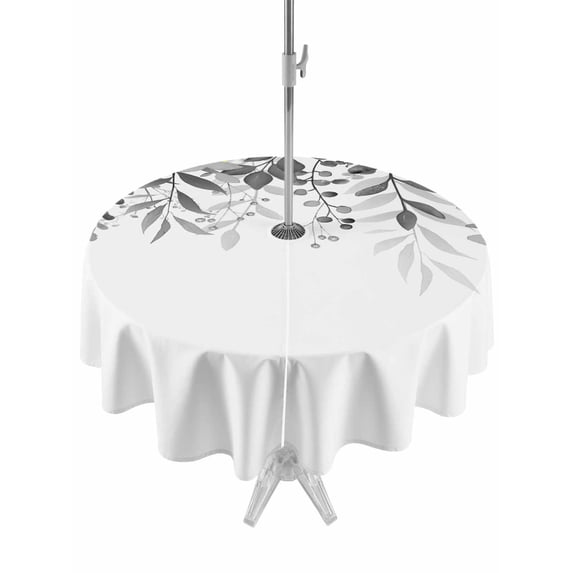 Outdoor Tablecloth with Umbrella Hole for Patio/Picnic/Party/Camping, Grey Leaves Waterproof Table Cloth Round Cover Washable, Summer Botanical (Dia 54")