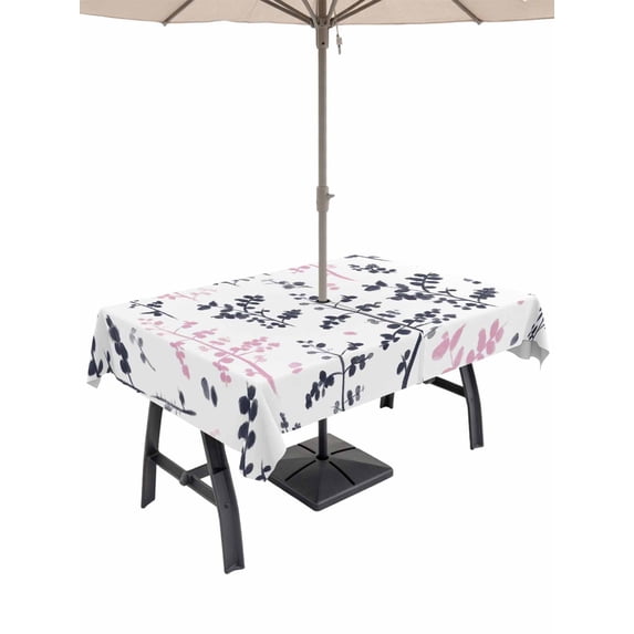 Outdoor Tablecloth with Umbrella Hole for Patio/Picnic/Party/Camping, Grey Pink Botanical Waterproof Table Cloth Rectangle Table Cover Washable, Watercolor Spring Floral Summer Leaf (60"x 84")