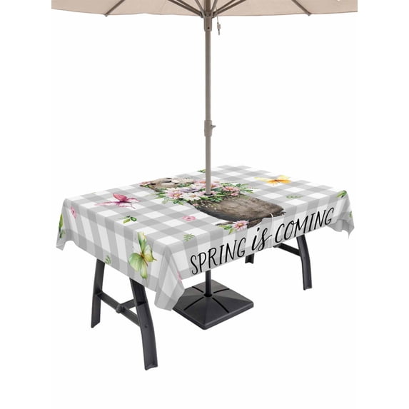 Outdoor Tablecloth with Umbrella Hole for Patio/Picnic/Party/Camping, Grey Plaid Groundhog Waterproof Table Cloth Rectangle Table Cover Washable, Spring Floral Butterfly Botanical (52"x 70")