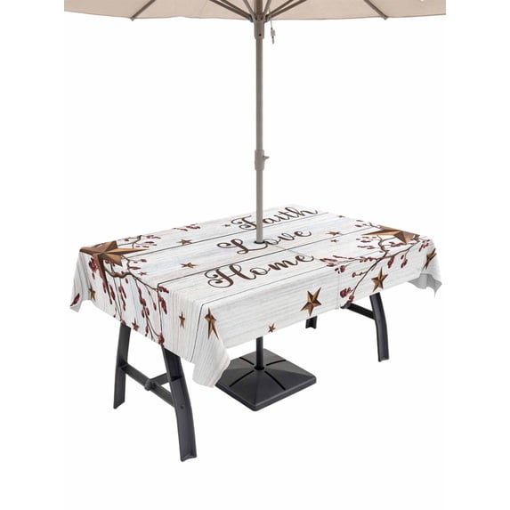 Outdoor Tablecloth with Umbrella Hole for Patio/Picnic/Party/Camping, Grey Wooden Grain Waterproof Table Cloth Rectangle Table Cover Washable, Brown Country Texas Star Branches (60"x 84")
