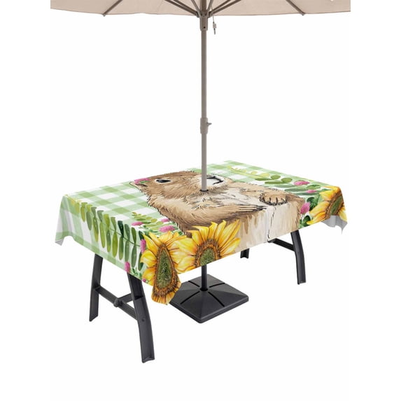 Outdoor Tablecloth with Umbrella Hole for Patio/Picnic/Party/Camping, Groundhog Day Waterproof Table Cloth Rectangle Table Cover Washable, Green Plaid Sunflower Spring Floral (54"x 80")