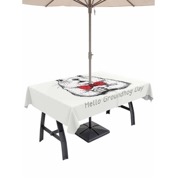 Outdoor Tablecloth with Umbrella Hole for Patio/Picnic/Party/Camping, Groundhog Day Waterproof Table Cloth Rectangle Table Cover Washable, Red Bow Knot Spring (60"x 102")