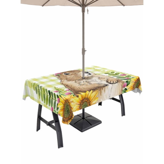 Outdoor Tablecloth with Umbrella Hole for Patio/Picnic/Party/Camping, Groundhog Day Waterproof Table Cloth Rectangle Table Cover Washable, Yellow Plaid Sunflower Spring Floral (54"x 80")