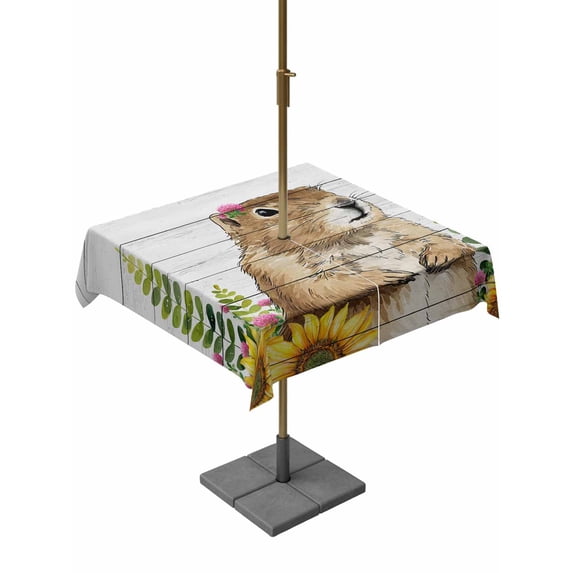 Outdoor Tablecloth with Umbrella Hole for Patio/Picnic/Party/Camping, Groundhog Day Waterproof Table Cloth Square Cover Washable, Sunflower Spring Floral Botanical Vintage (54"x 54")