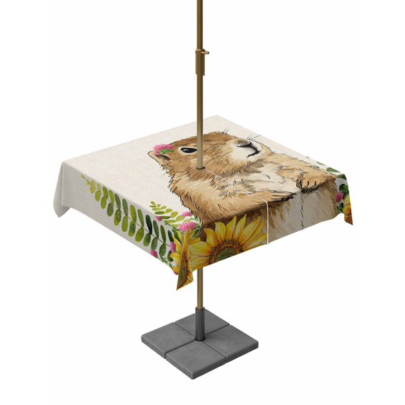 Outdoor Tablecloth with Umbrella Hole for Patio/Picnic/Party/Camping, Groundhog Day Waterproof Table Cloth Square Cover Washable, Sunflower Spring Floral Botanical Rustic (60"x 60")
