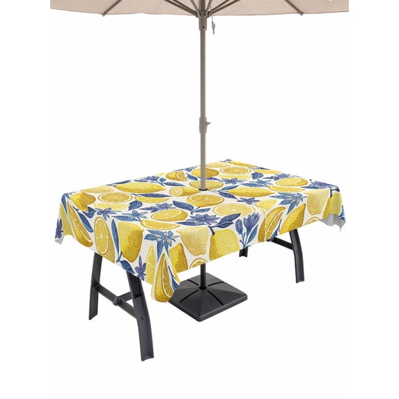 Outdoor Tablecloth with Umbrella Hole for Patio/Picnic/Party/Camping, Hand Drawn Lemon Waterproof Table Cloth Rectangle Table Cover Washable, Blue Leaves Summer Tropical Botanical (60"x 120")