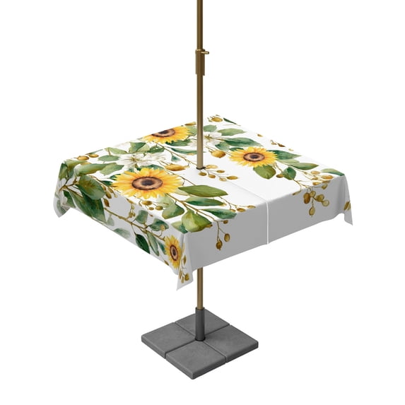Outdoor Tablecloth with Umbrella Hole for Patio/Picnic/Party/Camping, Hanging Floral Waterproof Table Cloth Square Cover Washable, Spring Botanical Sunflower Green Leaves (60"x 60")