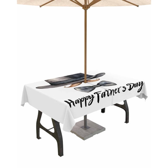 Outdoor Tablecloth with Umbrella Hole for Patio/Picnic/Party/Camping, Happy Father's Day Waterproof Table Cloth Rectangle Table Cover Washable, Bow Beard Funny Decor 60"x 120"