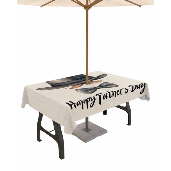 Outdoor Tablecloth with Umbrella Hole for Patio/Picnic/Party/Camping, Happy Father's Day Waterproof Table Cloth Rectangle Table Cover Washable, Funny Bow Beard Watercolor 60"x 120"