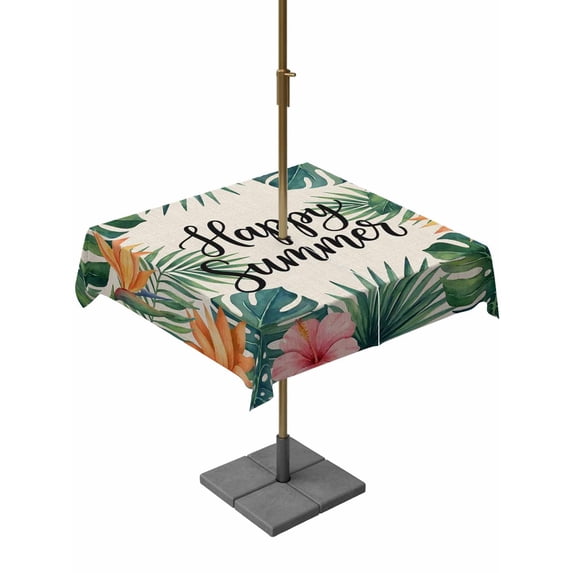 Outdoor Tablecloth with Umbrella Hole for Patio/Picnic/Party/Camping, Happy Summer Waterproof Table Cloth Square Cover Washable, Rustic Tropical Palm Leaves Floral Burlap (54"x 54")