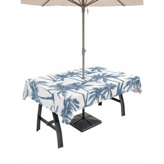 Outdoor Tablecloth with Umbrella Hole for Patio/Picnic/Party/Camping, Haze Blue Palm Tree Waterproof Table Cloth Rectangle Table Cover Washable, Coastal Trees Summer Tropical Botanical (52"x 70")