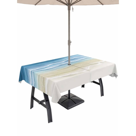 Outdoor Tablecloth with Umbrella Hole for Patio/Picnic/Party/Camping, Haze Blue Summer Beach Waterproof Table Cloth Rectangle Table Cover Washable, Nautical Coastal Beige Seaside (54"x 80")