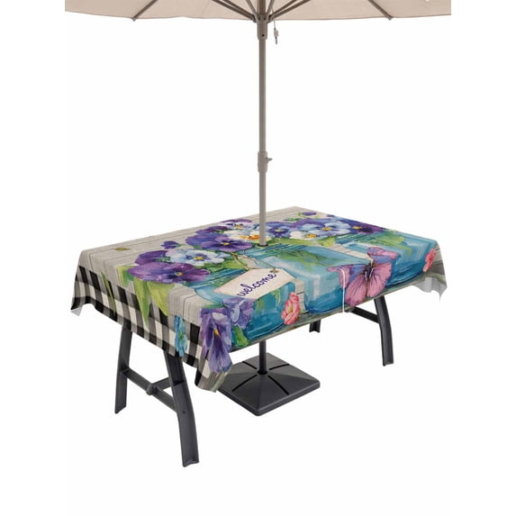 Outdoor Tablecloth with Umbrella Hole for Patio/Picnic/Party/Camping, Hello Spring Waterproof Table Cloth Rectangle Table Cover Washable, Pastoral Purple Bottle Floral Wooden Plaid (60"x 120")