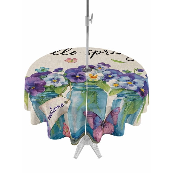 Outdoor Tablecloth with Umbrella Hole for Patio/Picnic/Party/Camping, Hello Spring Waterproof Table Cloth Round Cover Washable, Pastoral Purple Bottle Floral Rustic Burlap (Dia 60")