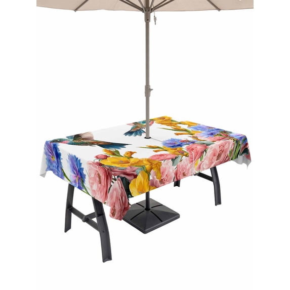 Outdoor Tablecloth with Umbrella Hole for Patio/Picnic/Party/Camping, Hummingbirds Waterproof Table Cloth Rectangle Table Cover Washable, Spring Summer Watercolor Flowers Plant (54"x 80")