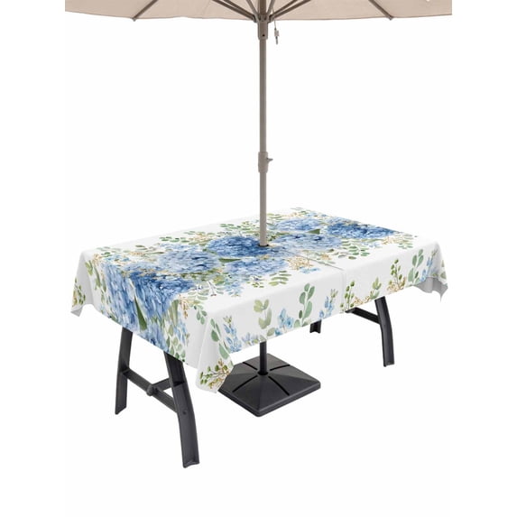 Outdoor Tablecloth with Umbrella Hole for Patio/Picnic/Party/Camping, Hydrangea Eucalyptus Waterproof Table Cloth Rectangle Table Cover Washable, Summer Botanical Leaves Butterfly (60"x 120")