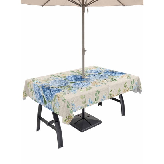 Outdoor Tablecloth with Umbrella Hole for Patio/Picnic/Party/Camping, Hydrangea Eucalyptus Waterproof Table Cloth Rectangle Table Cover Washable, Summer Botanical Vintage Beige (60"x 102")