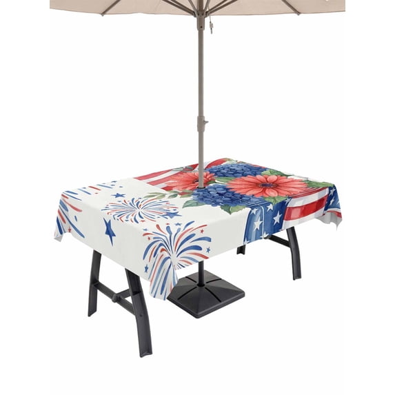 Outdoor Tablecloth with Umbrella Hole for Patio/Picnic/Party/Camping, Independence Day Floral Waterproof Table Cloth Rectangle Table Cover Washable, Anniversary USA Flag (60"x 102")