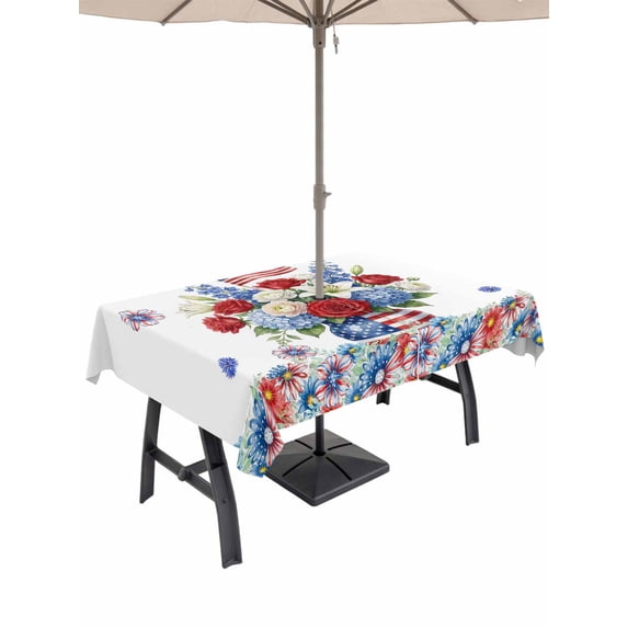 Outdoor Tablecloth with Umbrella Hole for Patio/Picnic/Party/Camping, Independence Day Floral Waterproof Table Cloth Rectangle Table Cover Washable, Red Blue Roses Patriotic (60"x 84")