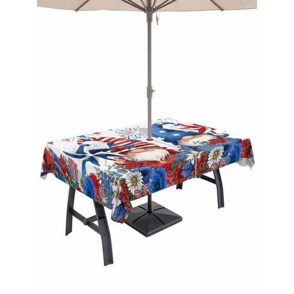 Outdoor Tablecloth with Umbrella Hole for Patio/Picnic/Party/Camping, Independence Day Gnomes Waterproof Table Cloth Rectangle Table Cover Washable, 4th of July Red Blue Poppy Floral (60"x 84")