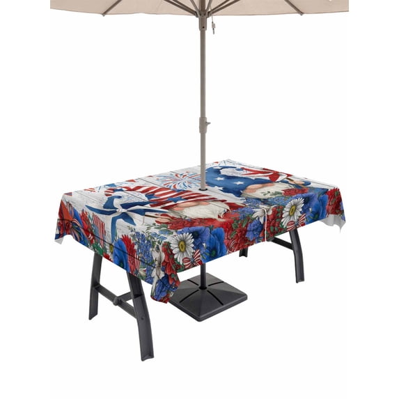 Outdoor Tablecloth with Umbrella Hole for Patio/Picnic/Party/Camping, Independence Day Gnomes Waterproof Table Cloth Rectangle Table Cover Washable, Red Blue Floral Gray Wood (54"x 80")
