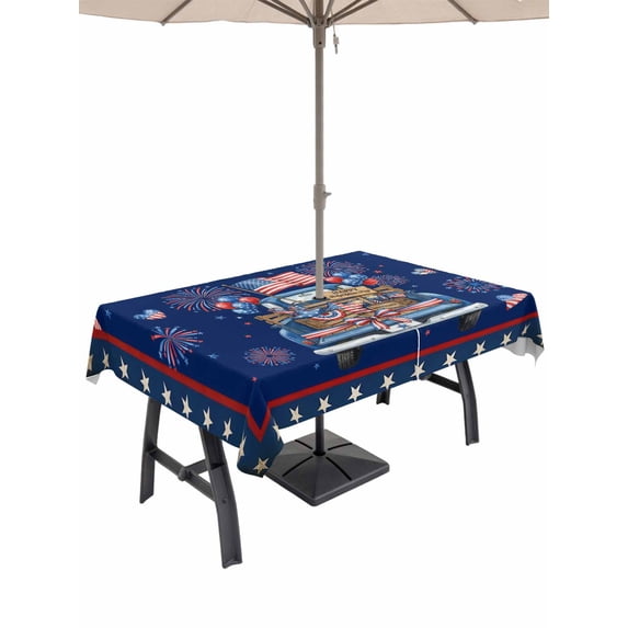 Outdoor Tablecloth with Umbrella Hole for Patio/Picnic/Party/Camping, Independence Day Truck Waterproof Table Cloth Rectangle Table Cover Washable, Blue Star Firework 4th of July (54"x 80")