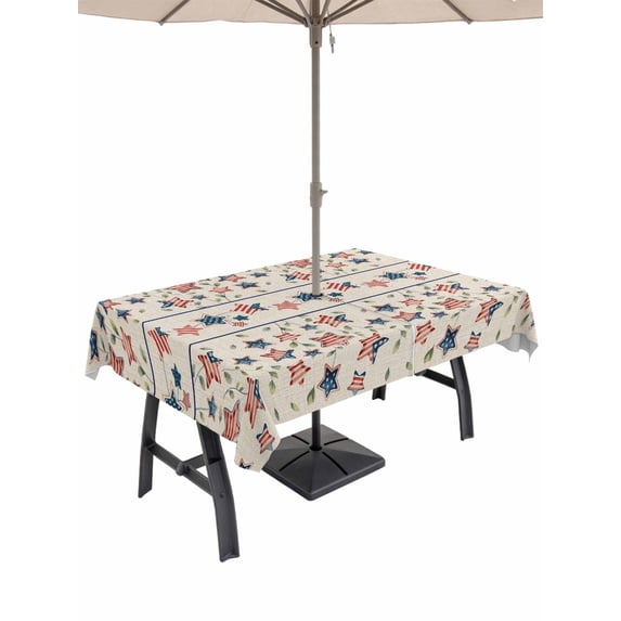 Outdoor Tablecloth with Umbrella Hole for Patio/Picnic/Party/Camping, Independence Day Waterproof Table Cloth Rectangle Table Cover Washable, 4th of July Red Blue Stripes Star Burlap (60"x 102")