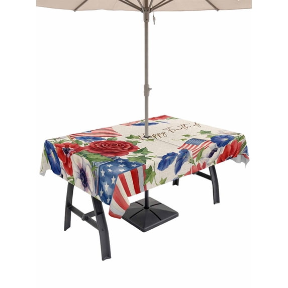 Outdoor Tablecloth with Umbrella Hole for Patio/Picnic/Party/Camping, Independence Day Waterproof Table Cloth Rectangle Table Cover Washable, 4th of July Red Blue Floral Flag Linen (52"x 70")