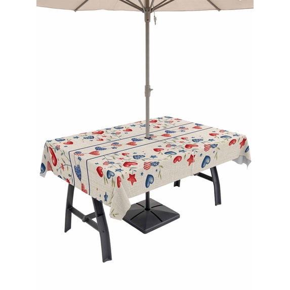 Outdoor Tablecloth with Umbrella Hole for Patio/Picnic/Party/Camping, Independence Day Waterproof Table Cloth Rectangle Table Cover Washable, 4th of July Red Blue Strip Love Burlap (52"x 70")