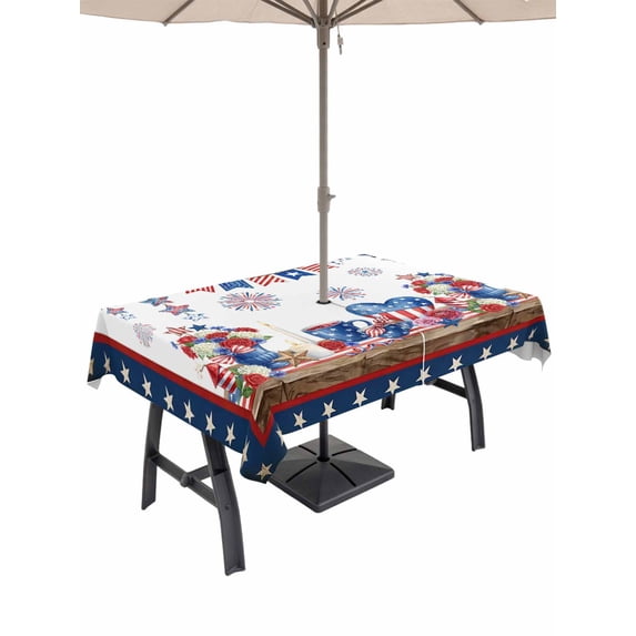 Outdoor Tablecloth with Umbrella Hole for Patio/Picnic/Party/Camping, Independence Day Waterproof Table Cloth Rectangle Table Cover Washable, American Flag Anniversary Star Floral (60"x 84")