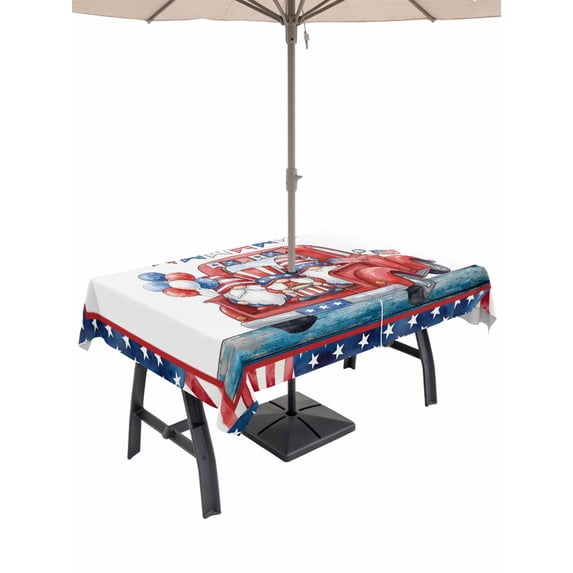Outdoor Tablecloth with Umbrella Hole for Patio/Picnic/Party/Camping, Independence Day Waterproof Table Cloth Rectangle Table Cover Washable, American Flag Gnomes Balloons Country Truck (54"x 80")