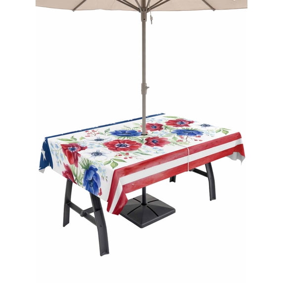 Outdoor Tablecloth with Umbrella Hole for Patio/Picnic/Party/Camping, Independence Day Waterproof Table Cloth Rectangle Table Cover Washable, American Flag Red Blue Flowers (54"x 80")