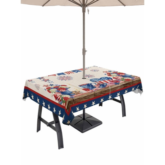 Outdoor Tablecloth with Umbrella Hole for Patio/Picnic/Party/Camping, Independence Day Waterproof Table Cloth Rectangle Table Cover Washable, American Flag Star Floral Beige Rustic (60"x 102")