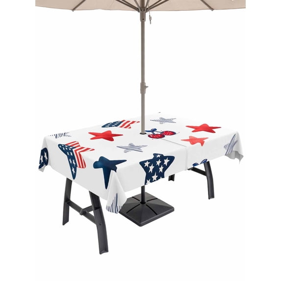 Outdoor Tablecloth with Umbrella Hole for Patio/Picnic/Party/Camping, Independence Day Waterproof Table Cloth Rectangle Table Cover Washable, American Star USA Flag (60"x 102")
