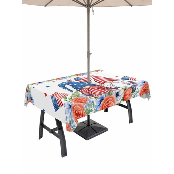 Outdoor Tablecloth with Umbrella Hole for Patio/Picnic/Party/Camping, Independence Day Waterproof Table Cloth Rectangle Table Cover Washable, Gnomes American Flag Country Floral Blue Plaid (60"x 84")
