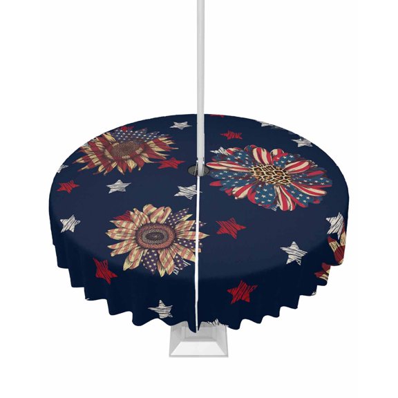Outdoor Tablecloth with Umbrella Hole for Patio/Picnic/Party/Camping, Independence Day Waterproof Table Cloth Round Cover Washable, Blue Stars Stripes Sunflower Modern Dia 54"