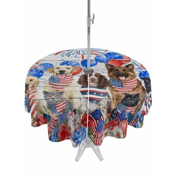Outdoor Tablecloth with Umbrella Hole for Patio/Picnic/Party/Camping, Independence Day Waterproof Table Cloth Round Cover Washable, Funny Dogs Red Blue Balloons Gray Wood (Dia 60")