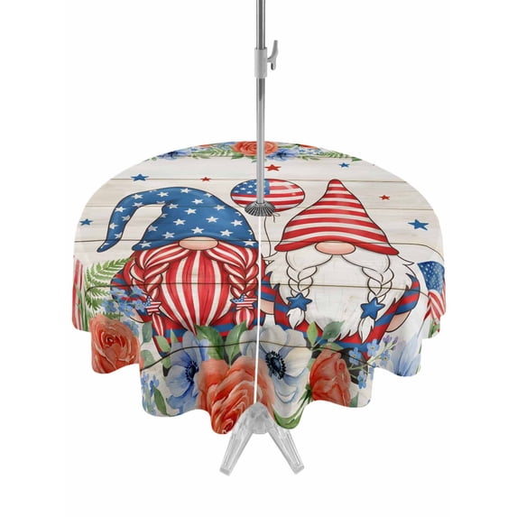 Outdoor Tablecloth with Umbrella Hole for Patio/Picnic/Party/Camping, Independence Day Waterproof Table Cloth Round Cover Washable, Gnomes American Flag Flowers Grey Wooden (Dia 54")