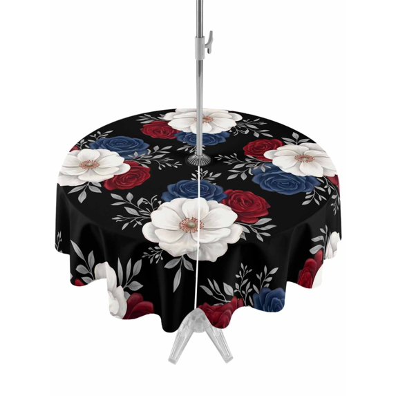 Outdoor Tablecloth with Umbrella Hole for Patio/Picnic/Party/Camping, Independence Day Waterproof Table Cloth Round Cover Washable, Patriotic Floral Roses Blossom Leaves Black (Dia 60")
