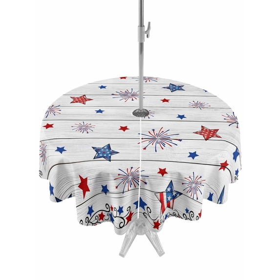Outdoor Tablecloth with Umbrella Hole for Patio/Picnic/Party/Camping, Independence Day Waterproof Table Cloth Round Cover Washable, Red Blue Star Firework Wooden Grain (Dia 54")