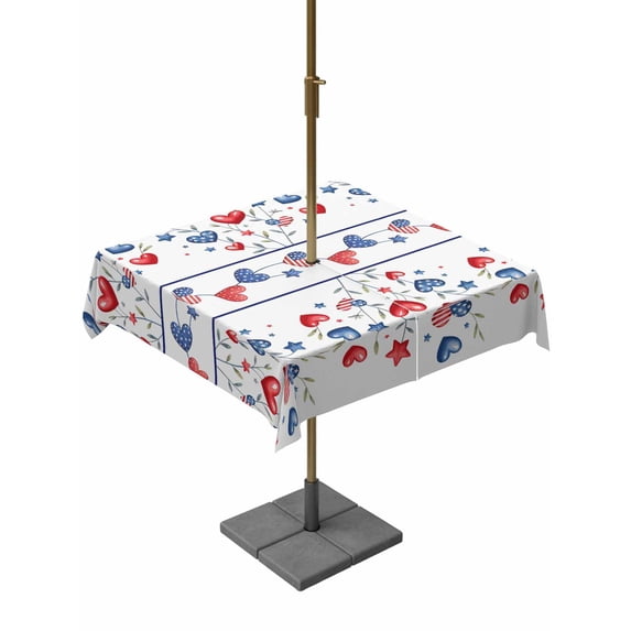 Outdoor Tablecloth with Umbrella Hole for Patio/Picnic/Party/Camping, Independence Day Waterproof Table Cloth Square Cover Washable, 4th of July Red Blue Strip Love Leaves (54"x 54")