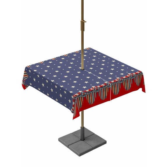 Outdoor Tablecloth with Umbrella Hole for Patio/Picnic/Party/Camping, Independence Day Waterproof Table Cloth Square Cover Washable, 4th of July Star Blue Red Striped (60"x 60")