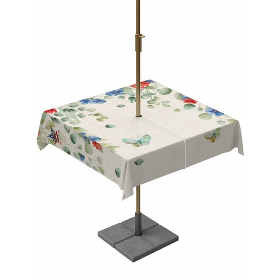 Outdoor Tablecloth with Umbrella Hole for Patio/Picnic/Party/Camping, Independence Day Waterproof Table Cloth Square Cover Washable, Country Retro Eucalyptus Leaf Flowers (60"x 60")